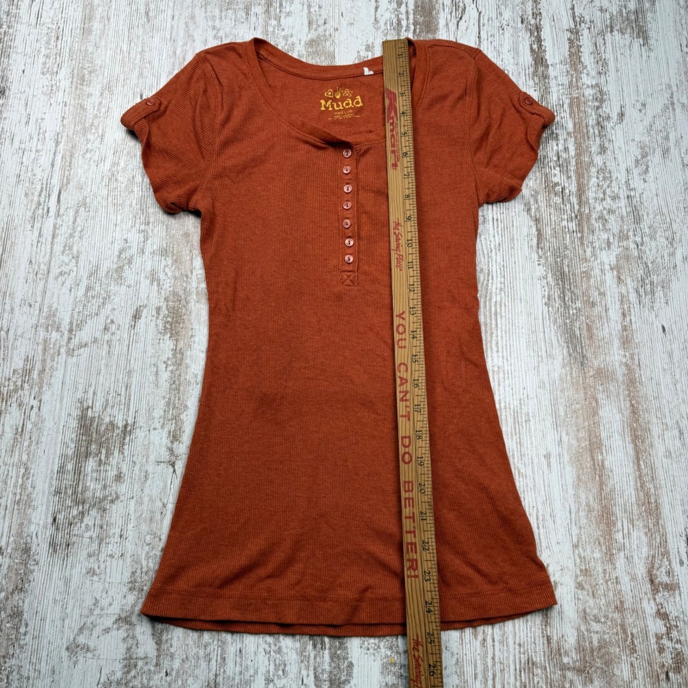 VTG Y2K Mudd Rust Orange Fitted Ribbed Henley Short Sleeve Button Top Medium - Picture 6 of 8